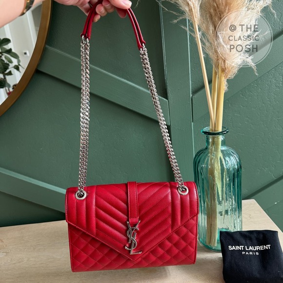 EUC Saint Laurent YSL Triquilt Medium Envelope Flap Pebbled Silver HW - Picture 13 of 13